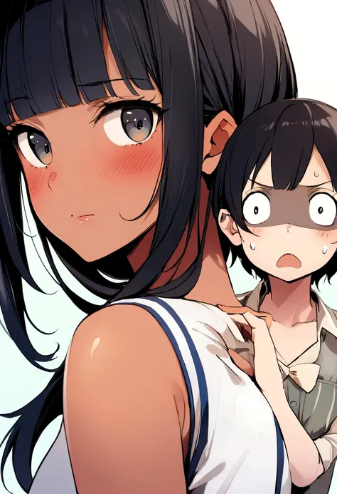 Sunburn、Tan Skin、Embarrassed、1 girl、Navy blue school swimwear、blunt bangs、Black Hair、super fine illustration,(((beautiful fine hair))),(((beautiful fine face))),(((beautiful fine background))),Midsummer、beachBlack Hair、blunt bangs、Cross-eyed