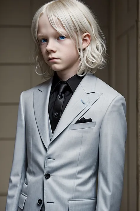 13 year old boy, albino, fluffy shoulder length hair, a black suit, gray blue eyes. 