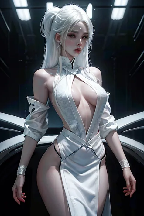 a beautiful humanoid alien female with completely black eyes having white hair down to her waist and white skin wearing a black tunic over a gray skin-tight uniform, sensual alien inside a spaceship piloting, futuristic mechanisms, black triangular shaped ...