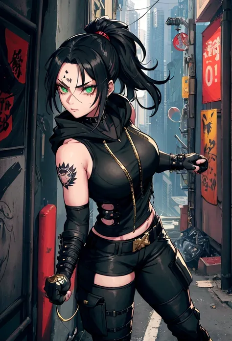 2077 Cyberpunk Female with a striking figure with an athletic build. Her raven-black hair is often tied back into a tight ponytail. She has sharp, piercing green eyes and a scar running down her left cheek, a memento from a past fight. Her attire usually c...