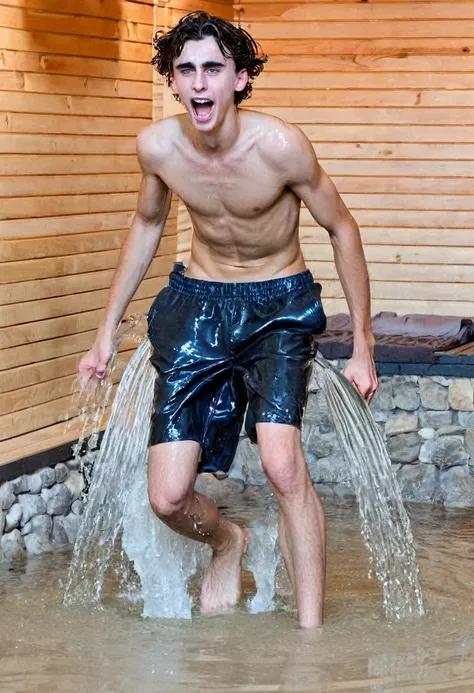 Timothée Chalamet, sweaty teen boy, in water, in finnish outside sauna, no clothing, far from camera, whole body, braces, age 19, wavy tiktok hair, boxer, bare feet, wearing no t-shirt topless, finnish outside sauna mountain, short fine armpit hair, flexin...