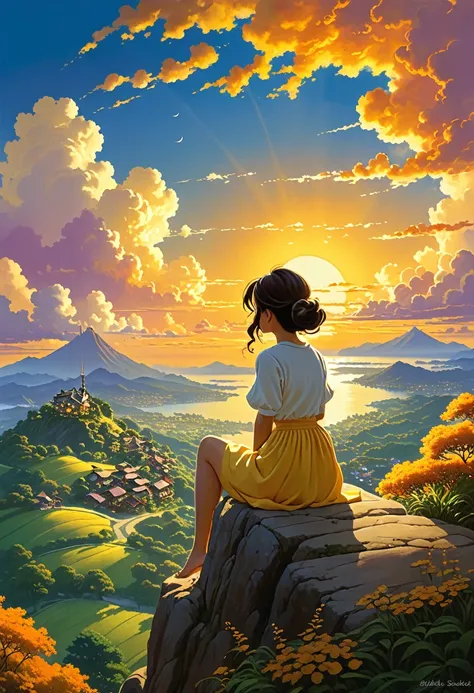 and souls、Skyscape with circular billowing clouds 、Orange-yellowish sky of the infernal sunset bright yellow clouds like shining gold、Deities々Shikai 、You can feel the touch of the brush.、girl sitting watching a sunset, Studio ghibli、ghibli、scenery、Style、Th...