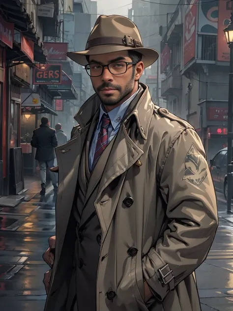 sexy mature daddy, tanned-skin, big bulge, stubble, muscular, mystery detective, foggy city street, trench coat, inquisitive gla...