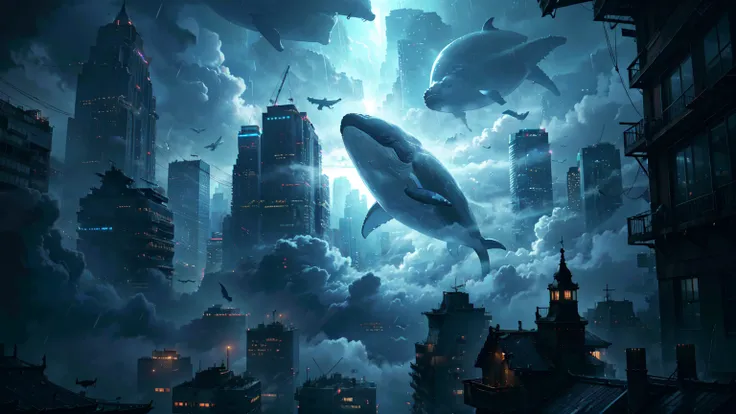 absurdres, A whale flying between skyscrapers,Only the huge tail fin is visible, Amazing person々, Heavy Rain, storm, Cloudy, darkness, storm, Vision, Mysterious Clouds, cliff,Thick Fog,Thick Fog, forest,  wood, Only light from the window, Poor visibility, ...