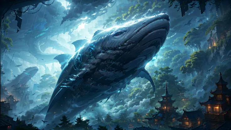 absurdres, a whale flying between skyscrapers,only the huge tail fin is visible, amazing person々, heavy rain, storm, cloudy, dar...