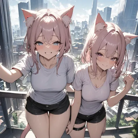 masterpiece, best quality, absurdres, two heads, conjoined, 2girls, cat ears, shirt, shorts, city background, smile