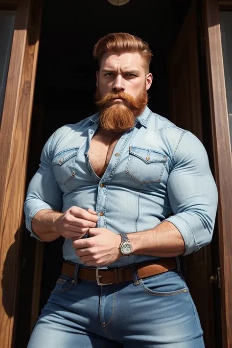 Masterpiece, Best Quality, Ultra-Detailed, muscular, bearded, thick mustache, imposing man [intense look], Intimidating presence, male figure,[imposing shadows],gritty realism, extreme detailed description, wide shoulders, green eyes, detailed eyes, brilli...