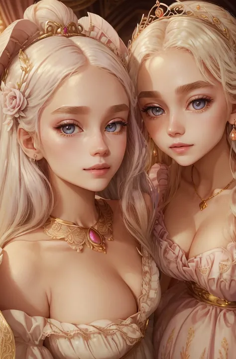 White Blonde hair, fluffy hair, stylish hair, long hair, lilac eyes, perfect eyes, beautiful, perfect face, tween, dainty , short, kind, curvy, a flowing pale airy gown with ruffles along the bottom with tiny pink flowers and gold dragon embroideries with ...