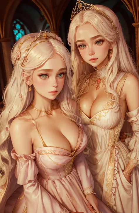 White Blonde hair, fluffy hair, stylish hair, long hair, lilac eyes, perfect eyes, beautiful, perfect face, tween, dainty , short, kind, curvy, a flowing pale airy gown with ruffles along the bottom with tiny pink flowers and gold dragon embroideries with ...