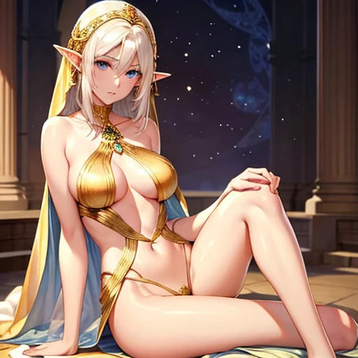 The elf is very beautiful, her body is slim and toned, His skin and hair are white with gold tones., His eyes are golden with a beautiful shine., his countenance is very attractive, her hair short but well combed, Her legs are slim and toned and her hands ...