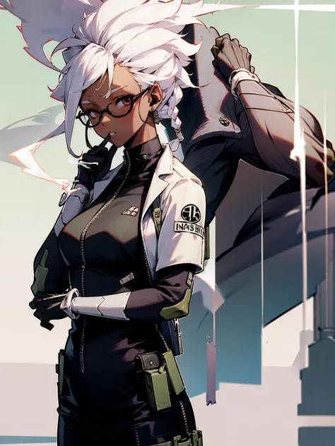 1female, dark skin, white hair, dread locks, lab coat, glasses, black dress, adult, smoking