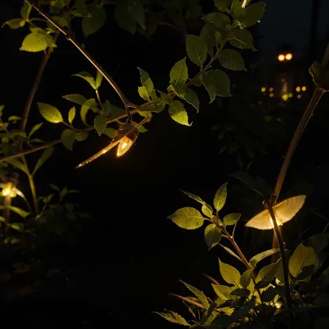 bushes at night，Close-up of an insect，(((a glowing firefly)))