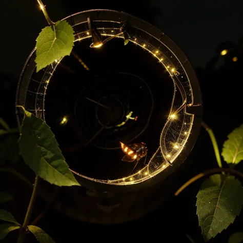 bushes at night，Close-up of an insect，(((a glowing firefly)))