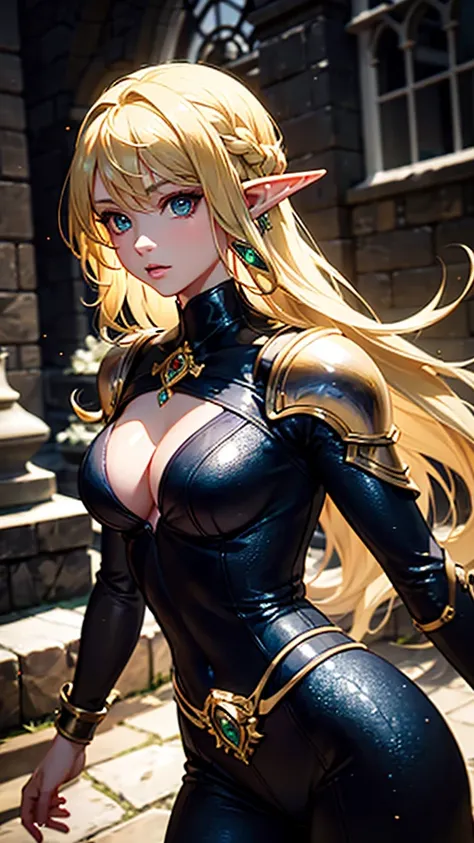 RAW, professional photograph, medium shot, photorealistic, hyper-realistic, ray tracing, super detail, UHD, 8k, female elf, twenty years old, goddess, gold jewelry, athletic body, soft facial features, braided hair, long hair, blonde hair, emerald eyes, wh...