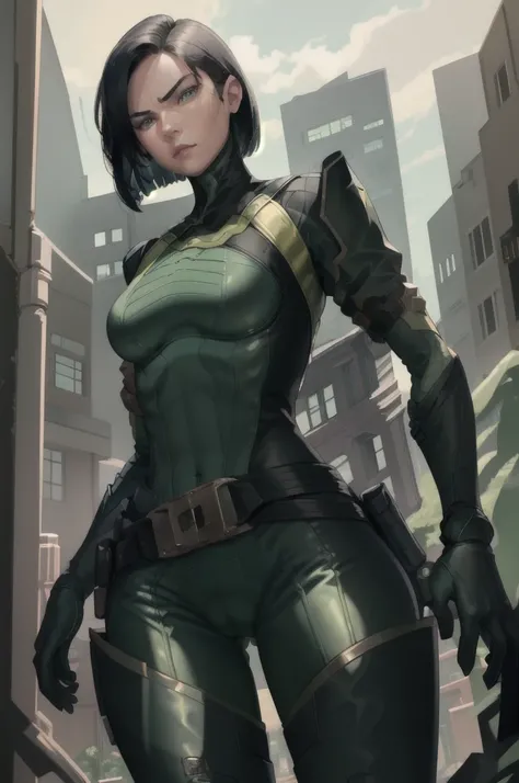 masterpiece, best quality, valorantViper, green eyes, bodysuit, gloves, belt, thigh boots, standing, hands to hips, cowboy shot, from below, glare, furrowed brow, city, docks 