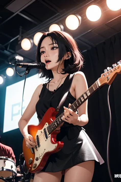 (masterpiece, Highest quality)、live house、Cute girl guitarist、Dark Eyes、Gorgeous lighting、Tight mini skirt、Black Hair、Japanese women、Stand microphone、