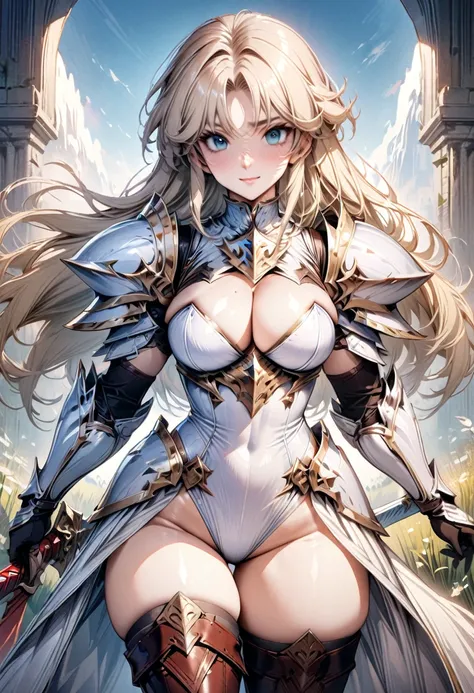 ((highest quality)), ((masterpiece)), ((hyperrealistic)), (detailed background), solo, 1girl, ((curvy: 1.2)), kawaii, gentle smile, ((Princess Knight)), langrisser, blonde braided long hair, ((white leotard: 1.5)), (white paladin armor: 1.3), ((Tight-fitti...