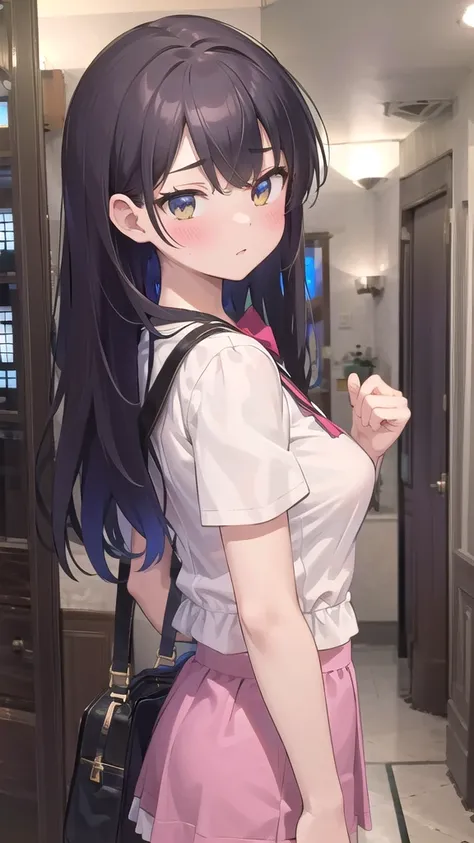 masterpiece,best quality,ultra-detailed,1girl, blouse,miniskirt,(heyapanel), finger to far,blush,from side upper body, lovehotel, reception,scenery,japan