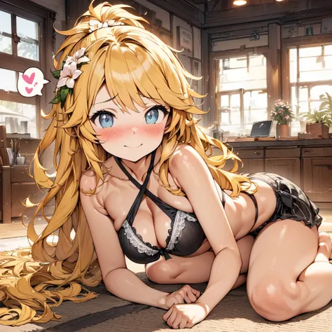 masterpiece), (highest quality), (illustration), (super detailed), (high resolution), absurdity, 1girl,kagamine len,vocaloid,long hair,wavy hair,ponytail,criss-cross halter,black striped bikini,long hair,hair flower,blush,beachyokozuwari,looking at viewer,...