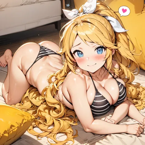 masterpiece), (highest quality), (illustration), (super detailed), (high resolution), absurdity, 1girl,kagamine len,vocaloid,long hair,wavy hair,ponytail,criss-cross halter,black striped bikini,long hair,hair flower,blush,beachyokozuwari,looking at viewer,...