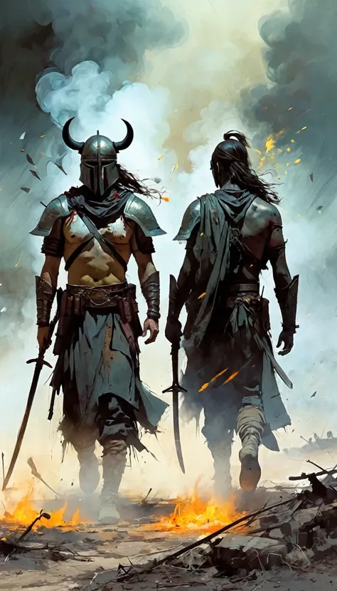 two warriors walk away from a battlefield full of dead, , battle challenges, dead, smoke (art inspired by Bill Sienkiewicz)
