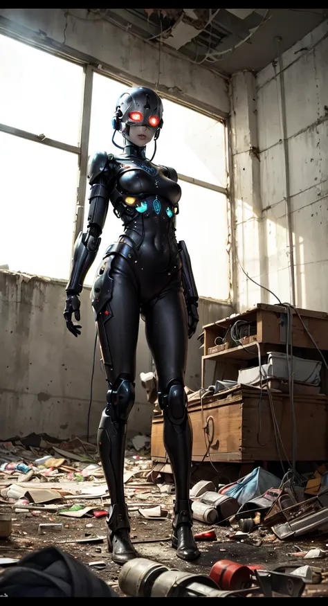 cyborg woman stands motionless in the center of the abandoned bunker, her mechanical body, it seemed, aroused by the environment...