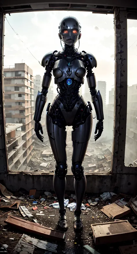 cyborg woman stands motionless in the center of the abandoned bunker, her mechanical body, it seemed, aroused by the environment...