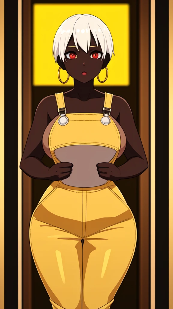 masterpiece, best quality,1girl, ((young girl)), ((large round magical red eyes)), shiny skin, (thin waist), (short white hair), ((curvy)), ((wide hips)), ((hoop earrings)), ((medium boobs)) , (((yellow overalls))), hot, soft natural lighting, reflections,...