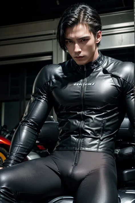 man, with motorcycle suit, model, high, with muscular body, with short black hair,  modeling.