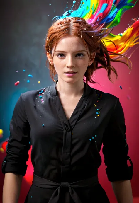 cute red head woman, full body, photorealistic, 8k sharp focus, Hyperrealistic, splash art, concept art, mid shot, intricately detailed, color depth, dramatic, 2/3 face angle, side light, colorful background