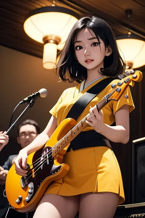 (masterpiece, highest quality)、live house、cute girl bassist、dark eyes、gorgeous lighting、tight mini skirt、black hair、japanese wom...