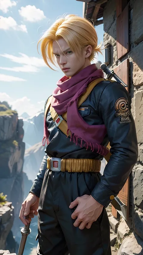 dragonball super future trunks super sayan with scarf around his neck and sword in his hands.