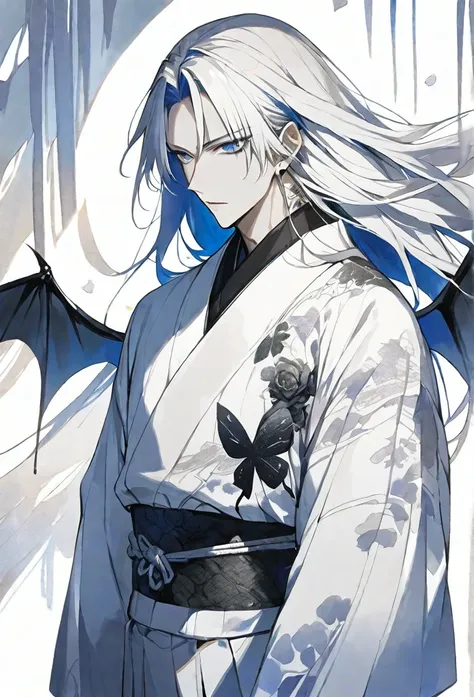 solo,handsome, monotone,Watercolor,
1. male,
bangs,Straight Hair,long Hair, 
White hair, Gojo Satoru,devil wing,
blue Eyes,Black Rose Tattoo,butterfly Tattoo,
White kimono,Japanese Pattern,
skin,Silver Accessories,
White background,