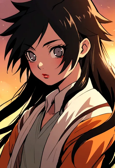 Naruto manga eslito, a girl with long hair with black bangs black eyes, mamga naruto drawing, focus on the eyes/muka, 12 year old girl, 