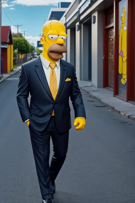 Generate an image of Homer Simpson with the Johnny Walker suit leaving Moe&#39;s Bar all elegant 