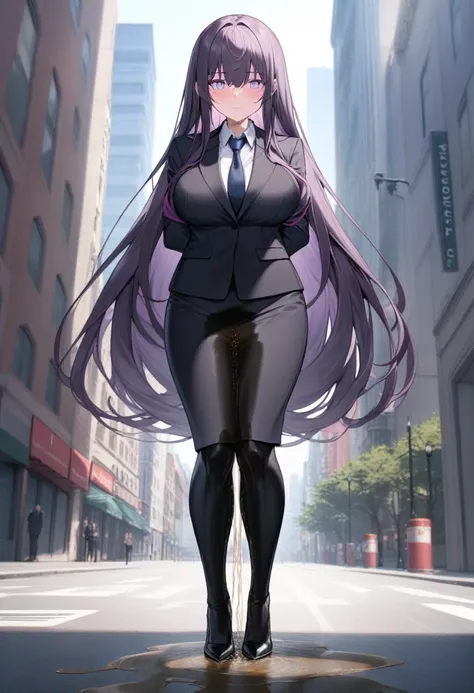 (masterpiece:1.37), best quality, (extremely detailed:1.37) woman, (adult:1.5), (very long hair:1.5), dark purple hair, purple eyes, (extremely detailed eyes:1.37), breasts, business suit, necktie, (very long pencil skirt:2.0), pantyhose, (wetting herself:...