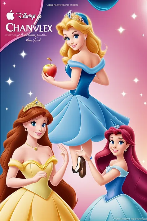 Make a poster with the theme of the Disney Chanel princesses and you can see the princesses and there is an apple , a glass slipper like Cinderella&#39;s and a crown 