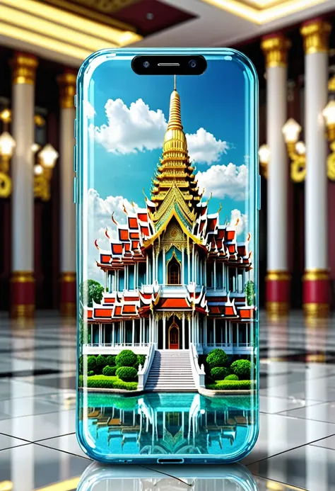 Incite...
 Beautiful glass cell phone like the famous building  "Single plumbing" with backgrounds with hyper-realistic Thai decorations, cinematrographic, fot, 3D rendering, close-ups, ground.