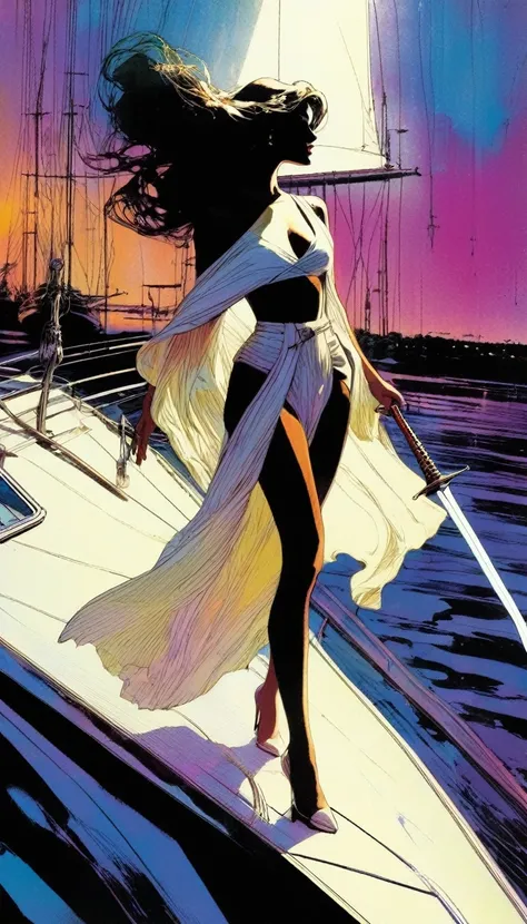 A beautiful woman leaves on a boat, on the deck of the boat 6 swords are stuck (art inspired by Bill Sienkiewicz)
