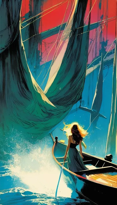 A beautiful woman leaves on a boat, on the deck of the boat 6 swords are stuck (art inspired by Bill Sienkiewicz)
