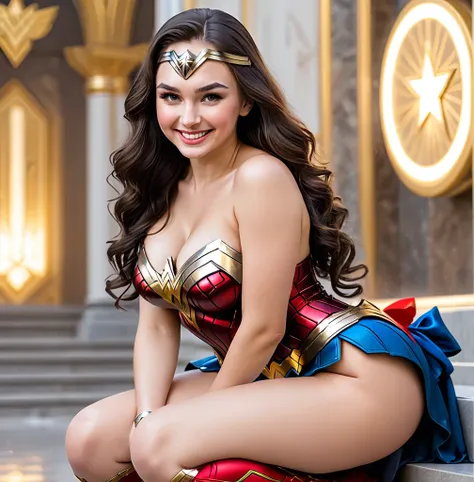 Cute Russian girl look like Sana White , big tits, perfect face, dream girl, shy smile, big butt, bow down on knee, Squirting with hand, Wonder Woman 