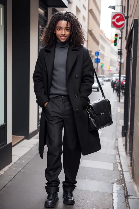 Create a dark-skinned teenager with curly brown hair and a black coat and pants and is happy