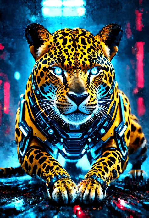 a highly detailed, ultra-realistic 1 cyberpunk leopard, advanced biomechanics, futuristic technology, space, alien environment, 8k, hyper detailed, photorealistic, cinematic lighting, dramatic atmosphere, intricate mechanical parts, glowing neon details, v...