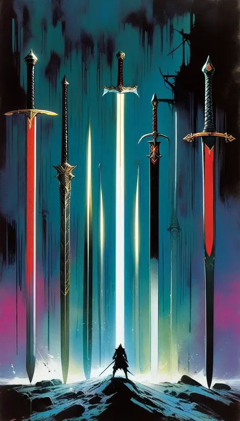 6 swords are stuck in the ground (art inspired by Bill Sienkiewicz)
