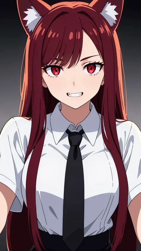 1girl ,20s,white shirt,short sleeves,(black standard tie),red hair,long hair,fox ears,portrait of a face of a girl, high detail, red eyes, glowing eyes, detailed iris, detailed eyes, bright pupils, looking down, low camera angle, clenched teeth, open mouth...