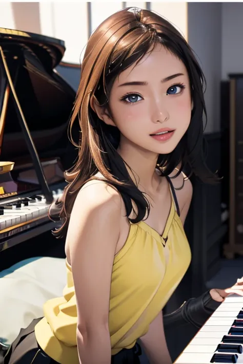 (masterpiece, Highest quality)、live house、かわいい女の子のkeyboard奏者、Dark Eyes、Gorgeous lighting、Tight mini skirt、Black Hair、Japanese women、keyboard、pianist、keyboard奏者、