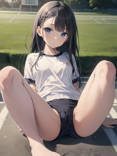 (realistic, photo realistic:1.2), ((highest quality)), move the center of gravity backwards, pretty embarrassing, 1girl, long hair, Braiding, hair clip, Barefoot, School gym suit, blue buruma, (Panty shot:1.3), (sitting on ground:1.4), put the heel on the ...