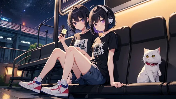 Masterpiece、super high quality、night、駅のホームでtrainを待つ、Holding a cute kitten、Cute girl sitting on a bench、Short Bob、Black Hair、T-Shirts、Shorts、sneakers、I have headphones on、Eyes are purple、Sadness atmosphere、night景、train