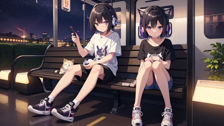 Masterpiece、super high quality、night、駅のホームでtrainを待つ、Holding a cute kitten、Cute girl sitting on a bench、Short Bob、Black Hair、T-Shirts、Shorts、sneakers、I have headphones on、Eyes are purple、Sadness atmosphere、night景、train