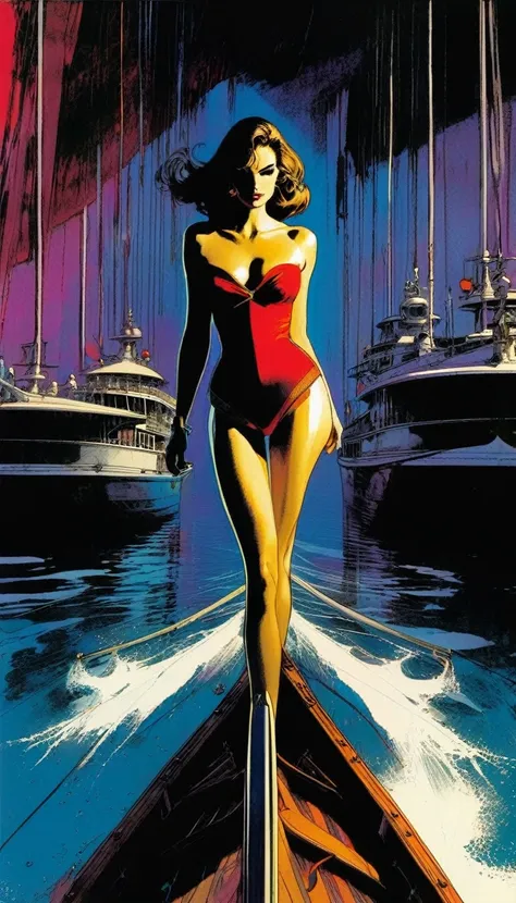 A beautiful woman leaves on a boat, on the deck of the boat 6 swords are stuck (art inspired by Bill Sienkiewicz)
